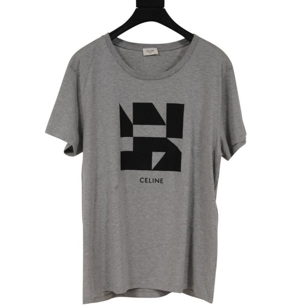 Celine Mens Tangram Logo T Shirt Size Large Gray Black Cotton Short Sleeve